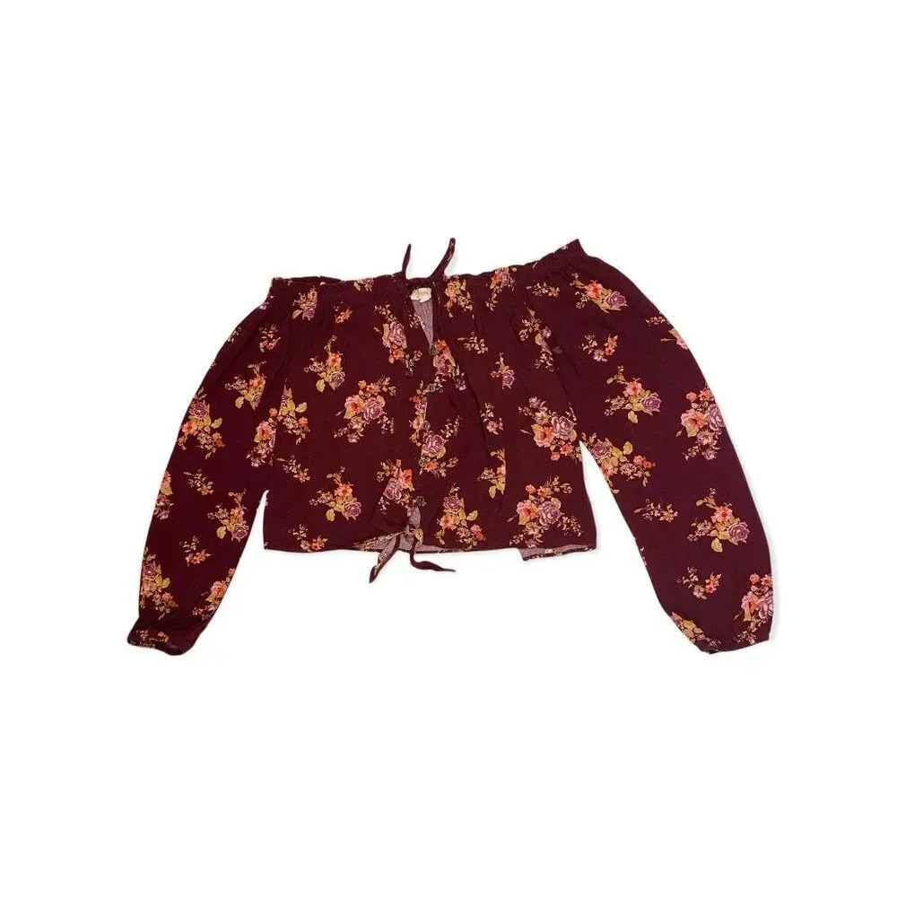 Rewind Off the Shoulder Floral Purple Top W/ Keyhole Front Tie and Front Knot M
